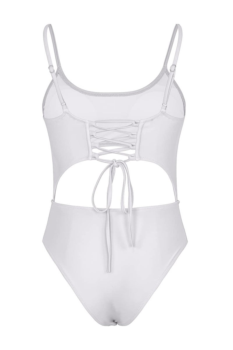 Meyeeka Spaghetti Strap Cutout High Waist One Piece Swimsuit Lace Up Athletic Monokini for Women S White - Image 5